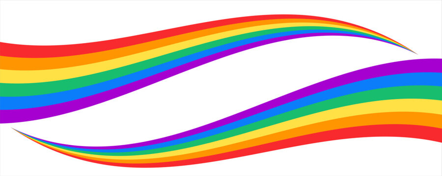 Rainbow wavy ribbon design element. LGBTQ Pride month flag. Rainbow color wave background template shape for banner, poster, flyer, brochure, booklet, cover. Vector illustration backdrop