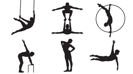Dynamic Acrobatic and Gymnastic Performers in Graceful Black Silhouette Vector Illustration for Sports and Entertainment Design