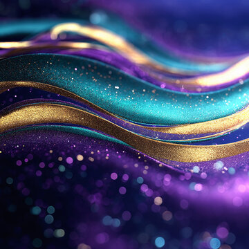 Glitter Golden Teal Violet Wave Stripes Design Sparkle Motion Lines with bokeh effect background