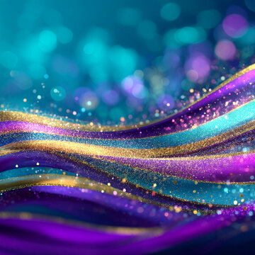 Glitter Golden Teal Violet Wave Stripes Design Sparkle Motion Lines with bokeh effect background