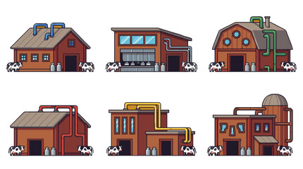 Collection of six pixel art illustrations of dairy farms and processing plants, each with cows and milk cans.
