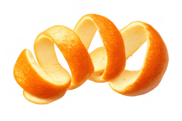 Orange peel spiral shape for zest, adding flavor, citrus aroma, and garnish element on a transparent background