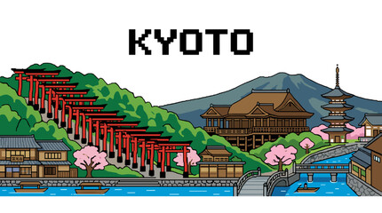 Pixel art illustration of Kyoto, Japan, featuring iconic landmarks like Fushimi Inari Shrine's torii gates and Mount Fuji.