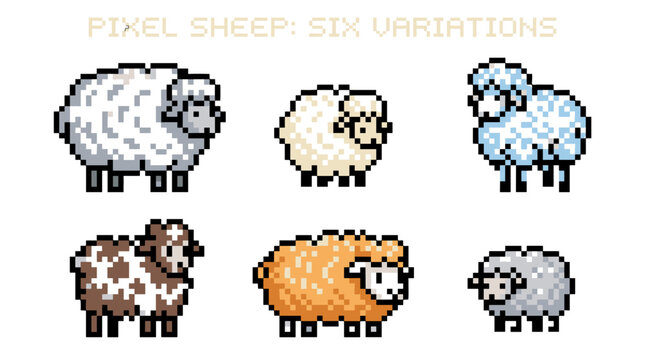 A collection of six adorable pixel art sheep, each with unique wool colors and patterns, presented on a white background.