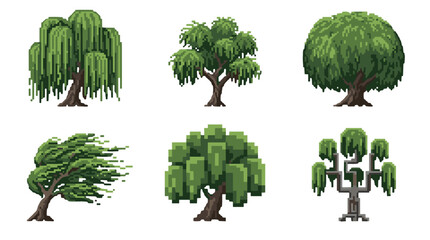 A collection of six pixel art illustrations of various trees, including weeping willows and stylized deciduous trees.