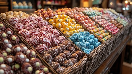 Assorted colorful chocolate truffles and bonbons arranged in wooden display trays in a confectionery shop