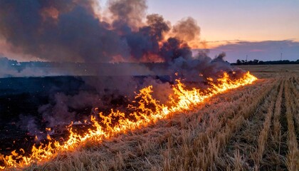 Fototapeta premium Intense flames and thick smoke rise from a burning agricultural field at dusk against a sunset sky.