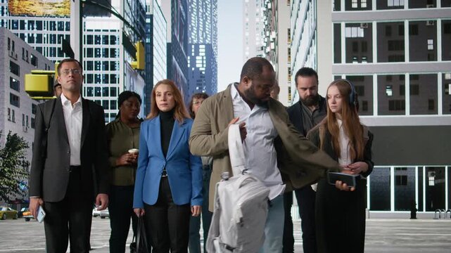 African american impatient businessman waiting to cross the street, busy everyday life of multicultural pedestrians. Diverse crowd of people on their morning commute. Camera A.