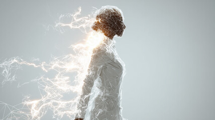 Abstract female silhouette formed by glowing digital lines and energy, symbolizing artificial intelligence, human transformation and futuristic technology on a clean minimal background