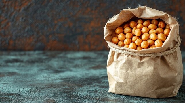 Brown Paper Bag Brimming with Golden Chickpeas Resting on a Rustic Teal Surface