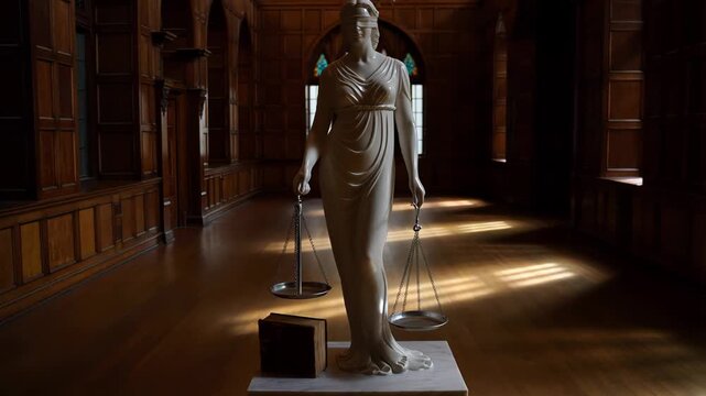 Bronze Lady Justice statue with sword and scale stands on marble base in grand wood-paneled library, lit by arched windows casting long shadows. Concept of law, order, and authority