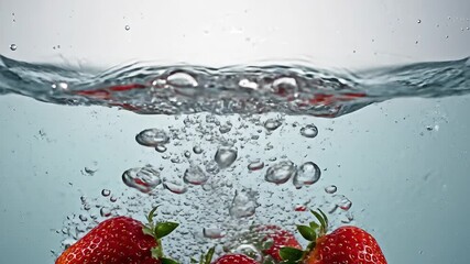 Vibrant red strawberries create a dynamic splash as they plunge into crystal clear water generating an energetic crown of droplets and ripples symbolizing freshness health and refreshing vitality in . - Powered by Adobe