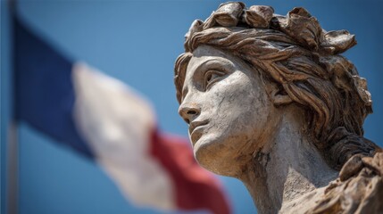 Statue with French flag in background during a sunny day at a public space in France