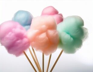 colorful pastel cotton candy on sticks with white background