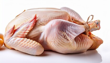 whole raw chicken with trimmed wings and tied legs on white background
