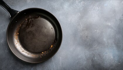 overhead dirty frying pan grease stains used skillet black kitchen utensil grunge grey background texture cooking concept flatlay banner mockup copyspace editorial culinary rustic industrial home chef