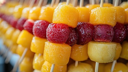 Colorful bite-sized fruit skewers arranged in parallel rows of yellow, orange, and red cubes on a wooden surface