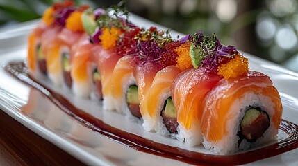 Colorful Rainbow Sushi Rolls Arranged in a Narrow Line on a Plate with Fresh Garnishes