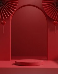 Red arch podium with hanging lanterns and fans for luxurious lunar new year presentation