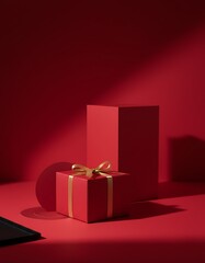 Stylish red gift box arrangement on podium for elegant chinese lunar new year marketing background