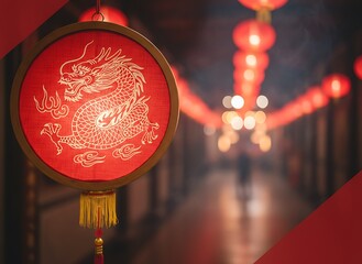 Dragon pattern paper lantern glowing above blurred festive street during vibrant lunar new year night