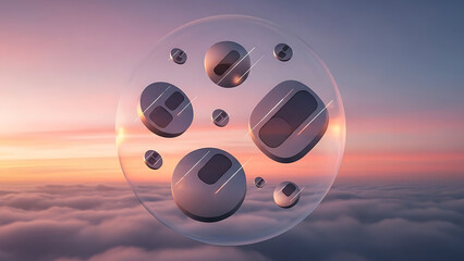 Large transparent sphere with multiple smaller bubbles floating above fluffy clouds at sunset with warm orange and purple hues in the sky with serenity