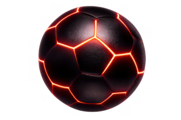 Soccer ball glowing with hot lava lines, a futuristic fiery sports concept, dynamic energy rendering on transparent background