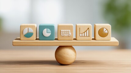 Future of Work Models. A balanced wooden block display featuring various icons representing data analysis, finance, and growth.