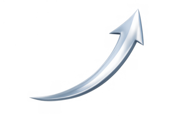 Silver 3d arrow curving upwards, symbolizing growth, success, financial trend, market increase, and business development on transparent background
