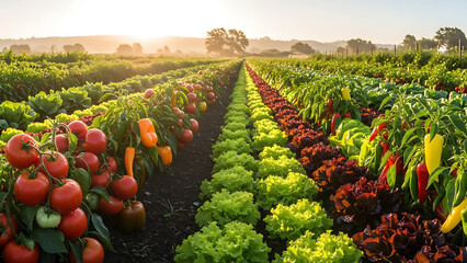 Wide view of a flourishing organic vegetable garden during golden hour