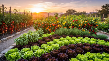 Wide view of a flourishing organic vegetable garden during golden hour