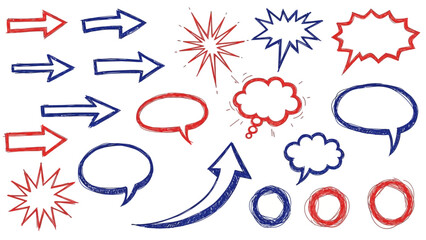 Hand drawn collection of arrows and speech bubbles in red and blue. © MR.HAY
