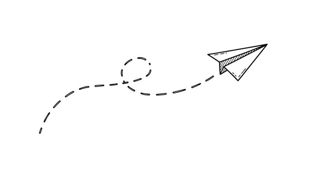 Hand drawn paper airplane flying with a dotted line path.
