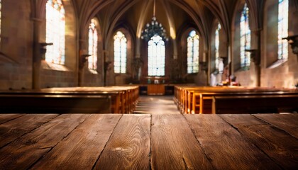 wooden table in a historic church