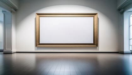 an avant garde art gallery with a simple empty frame against a background of pure white walls