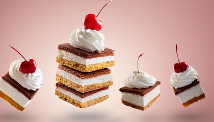 a clean detailed studio photo of layered cake slices with whipped cream and cherry flying in the air on pastel gradient background food ingredient levitation