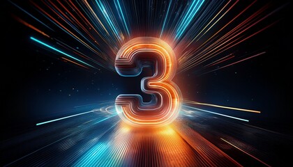 digital countdown number 3 with streaks of light