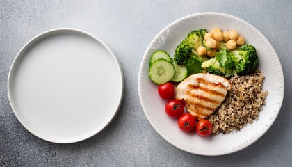 white plate holds grilled chicken broccoli cherry tomatoes cucumber quinoa and chickpeas beside empty on light gray surface