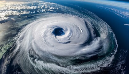 aerial view of massive spiral hurricane over ocean waters showing distinct eye formation and cloud bands captured from space in dramatic detail
