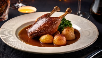 a gourmet dish of duck confit with a side of roasted potatoes