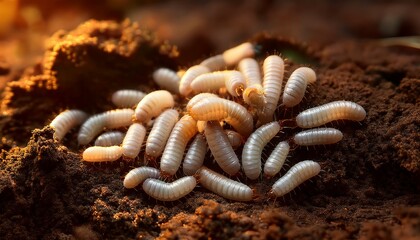 a cluster of small light colored larvae congregates on soil surface under warm light conditions