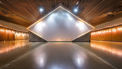 a trapezoidal white wall illuminated by four warm amber spotlights located in a modern gallery with smooth metallic flooring and subtle lighting