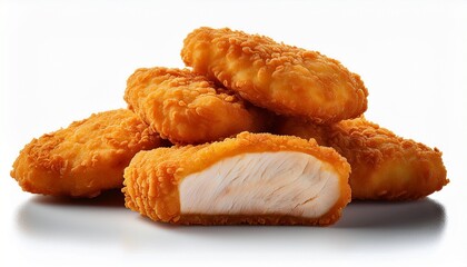 pile of chicken nuggets with one cut open showing white meat