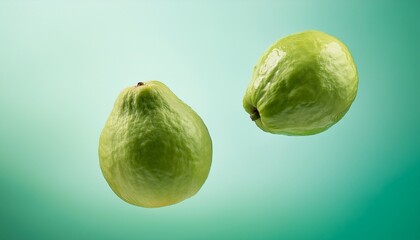 a clean detailed studio photo of fresh raw ripe guava flying in the air on pastel gradient background fruit food ingredient levitation