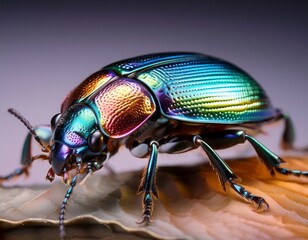 close up image showcases the iridescent exoskeleton of a beetle against a neutral backdrop