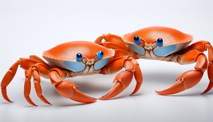 two orange crabs with vibrant blue eyes pose on a stark white surface together lovingly