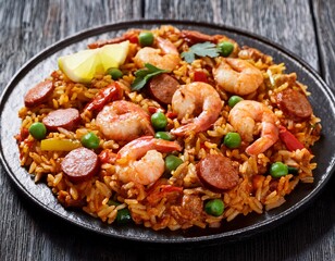 a dish of cajun jambalaya with shrimp sausage and rice