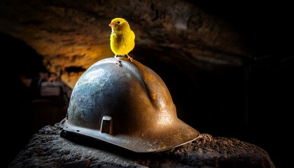 small yellow canary is perched on old mining helmet in dark cave illuminated by beam of light