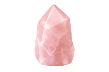 Rose quartz crystal point representing healing, spirituality, and love, with a soft pink glow, transparent background