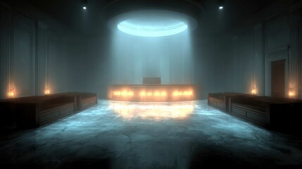 An empty, modern courtroom where the judge's bench has a glowing, holographic gavel floating above it, digital law and e-compliance concept 